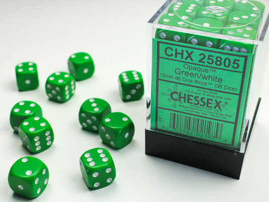 Opaque 12mm d6 Green/white Dice Block (36 Dice)