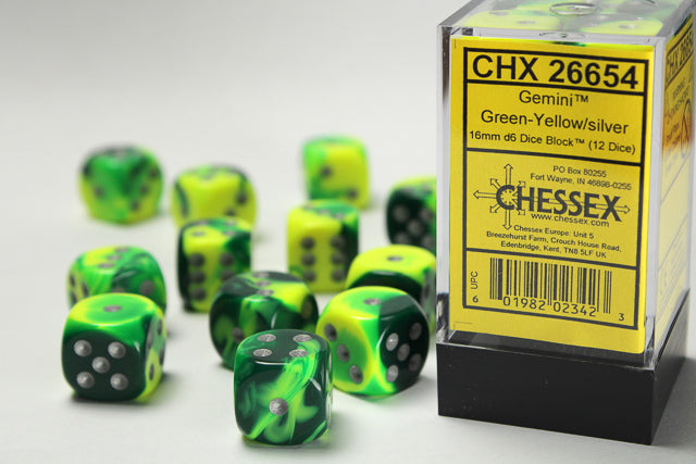 Gemini 16mm d6 Green-Yellow w/silver Dice Block (12 Dice)