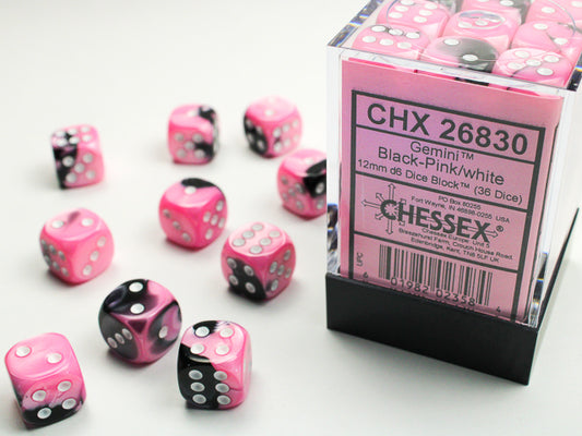 Gemini 12mm d6 Black-pink w/white Dice Block (36 dice)