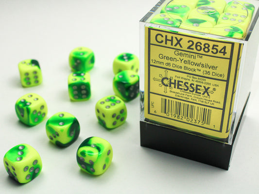 Gemini 12mm d6 Green-Yellow w/silver Dice Block (36 dice)