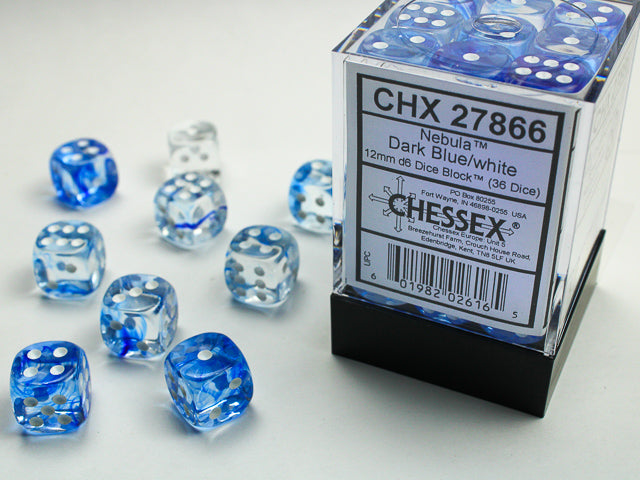 Nebula 12mm d6 Dark Blue/white Dice Block (36 Dice)