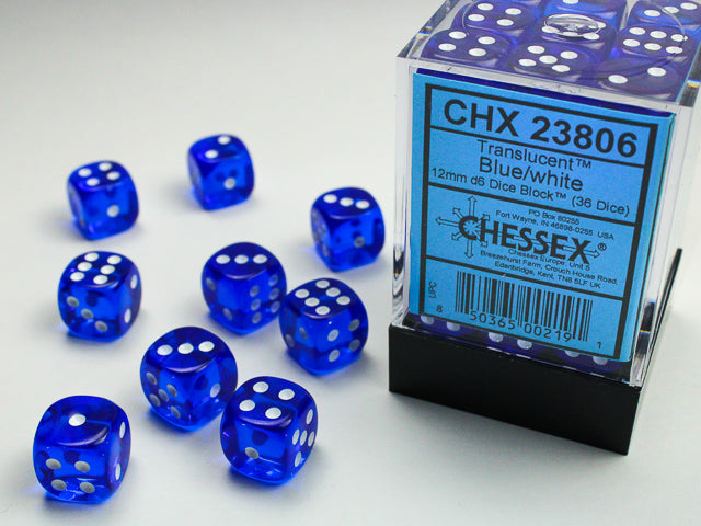 Translucent 12mm d6 Blue/white Dice Block (36 Dice)