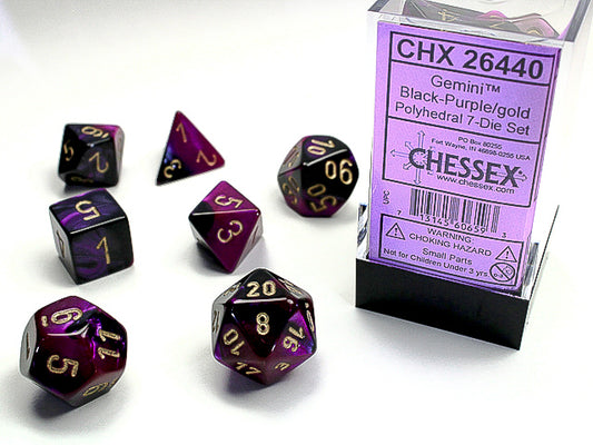 Gemini Polyhedral Black-Purple w/gold 7-Die Set