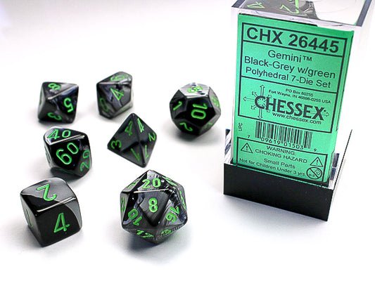 Gemini Polyhedral Black-Grey w/green  7-Die Set