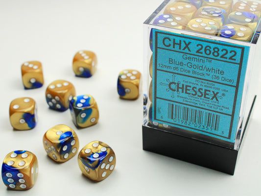 Gemini 12mm d6 Blue-Gold w/white Dice Block (36 dice)