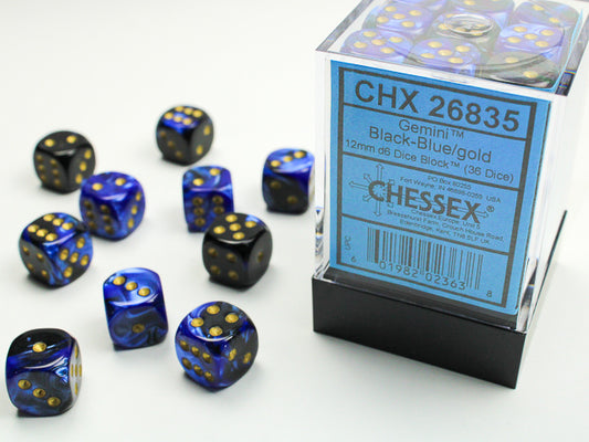 Gemini 12mm d6 Black-Blue w/gold Dice Block (36 dice)