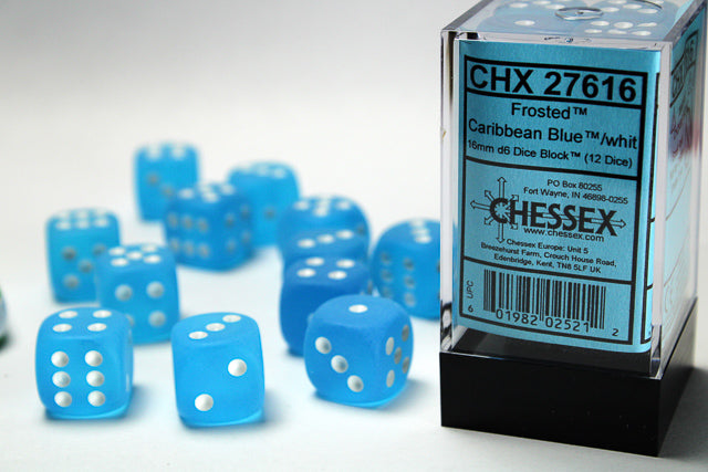 Frosted 16mm d6 Caribbean Blue/white Dice Block (12 Dice)
