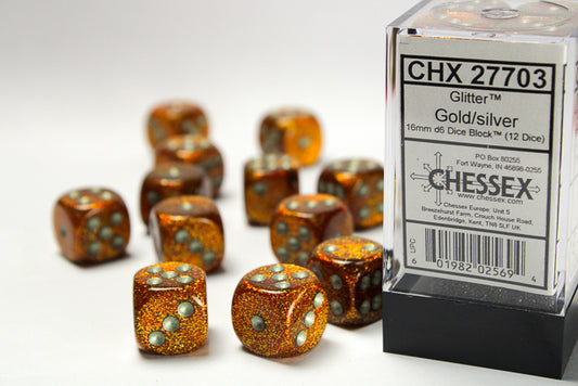 Glitter 16mm d6 Gold/silver Dice Block (12 dice)