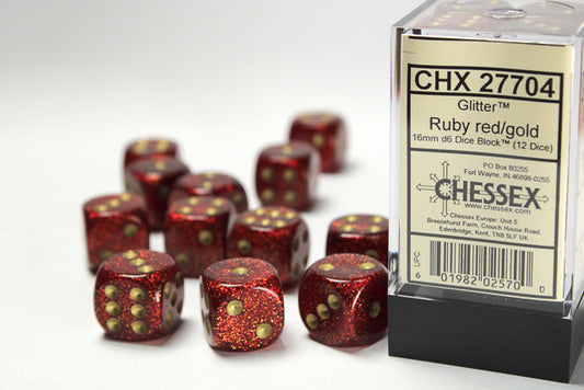 Glitter 16mm d6 Ruby/gold Dice Block (12 dice)