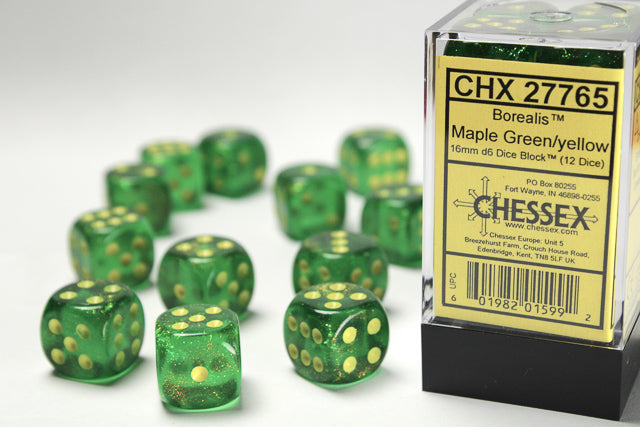 Borealis 16mm d6 Maple Green/yellow Dice Block (12 dice)