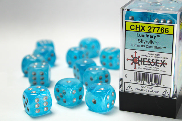 Luminary 16mm d6 Sky/silver Dice Block (12 Dice)