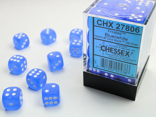 Frosted 12mm d6 Blue/white Dice Block (36 dice)