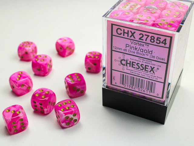 Vortex Pink w/Gold 12mm d6 (36 Dice)
